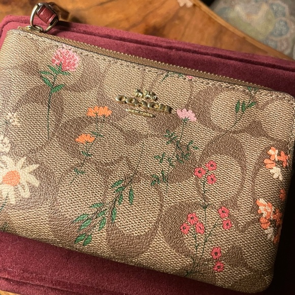 Coach Handbags - Coach Floral Print Wristlet in Brown and Pink